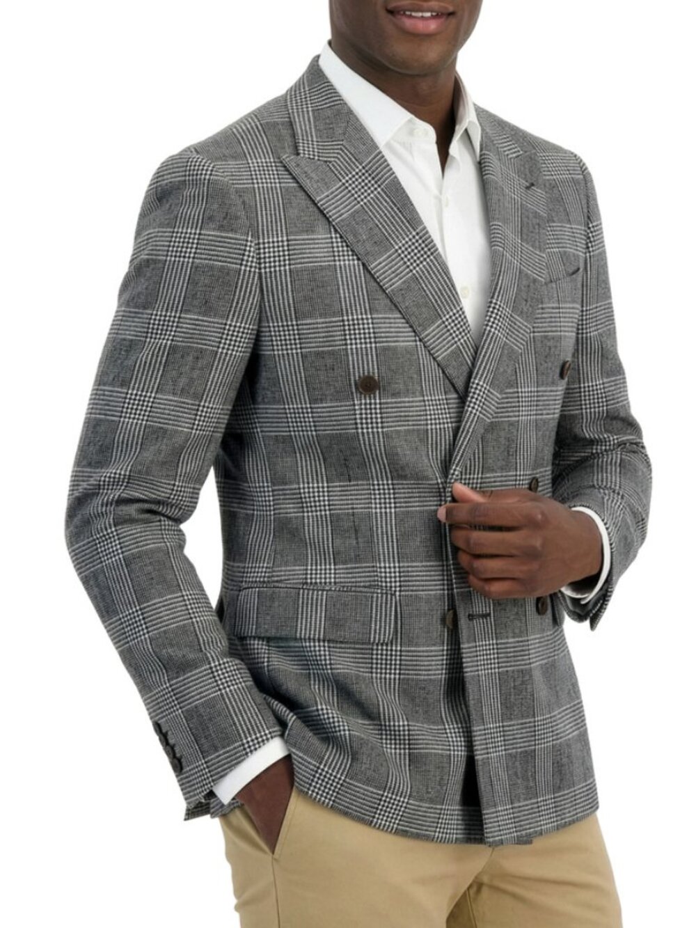 Grey Double Breasted Windowpane Plaid Peak Lapel Stacy Adams Men's Jacket